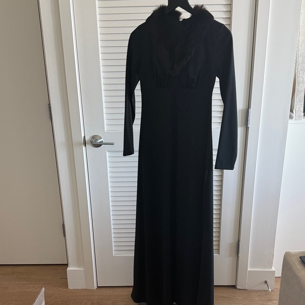 Vintage Black Faux Fur Trim Long Sleeve Maxi Dress Evening Holiday Glam
